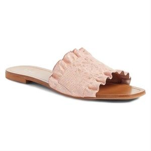 𝅺lewit | Pink Cassandra Ruffle Blush Rose Gold Leather Slide On Flats